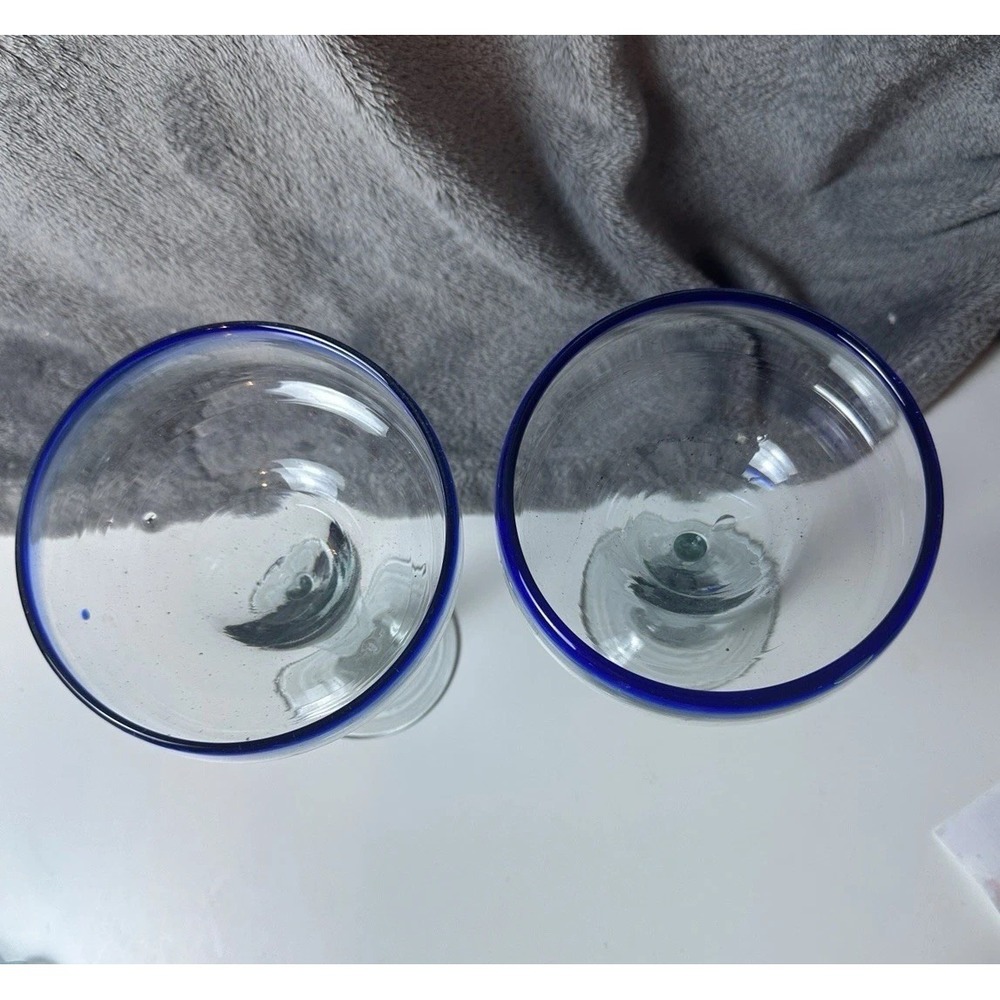 Set Of 2 Cobalt Rim blue Mexican hand blown 4.5" Margarita Glasses Heavy - Picture 3 of 5